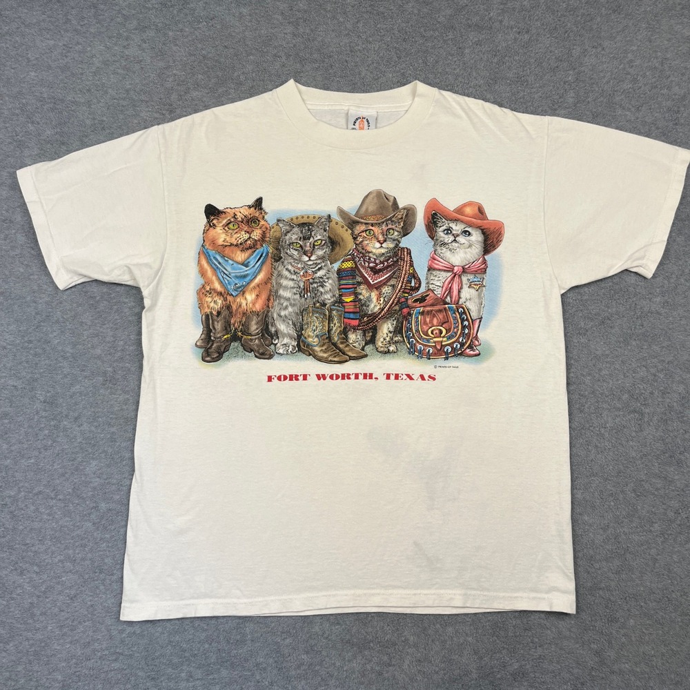 Vintage Prints of Tails T Shirt Large White Fort Worth Texas Cowboy Cats Western